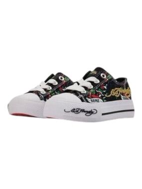 Ed Hardy Black Canvas Kids Sneakers with Multicolor Tattoo Print